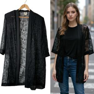 VTG Velvet Burnout Duster Kimono Jacket Sz 16 Sheer Dark Foral Romantic Fairy